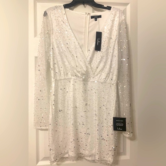 Lulus Noticeable Shine White Sequin Beaded Long Sleeve Mini Dress, Medium, White - Picture 1 of 5
